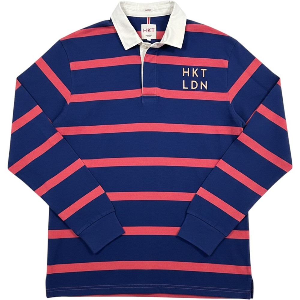 Hackett London HKT Rugby Shirt Mens XL Blue Red Stripe Slim Fit Long Sleeve